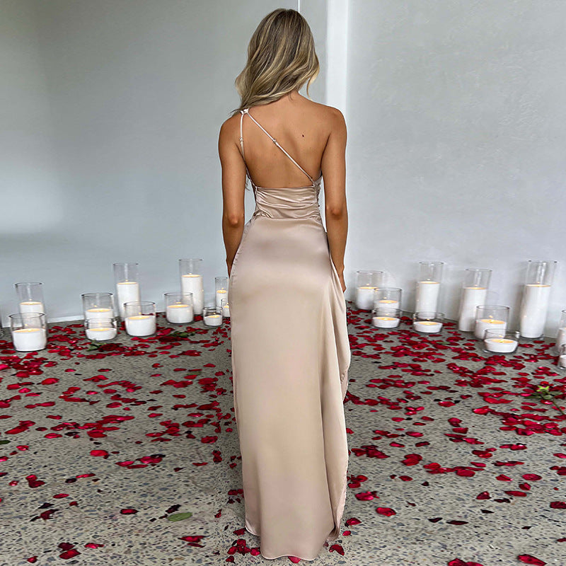 Women’s One Shoulder Satin Evening Dress – Elegant High Slit Maxi Dress – Party, Cocktail, Formal & Wedding Guest Gown – Various Colours