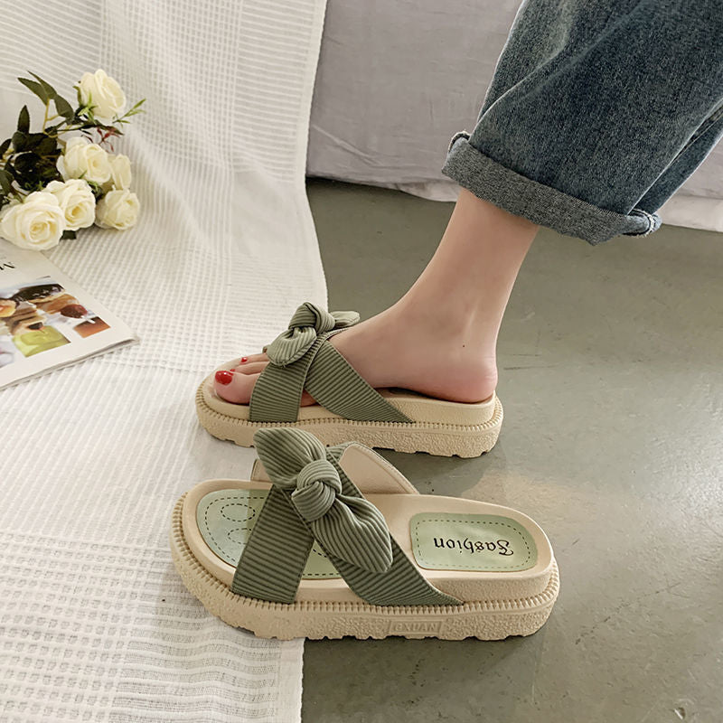 🌸 Title: Comfy-Chic Bowknot Slip-On Sandals – Black & Beige Elegance 🌸