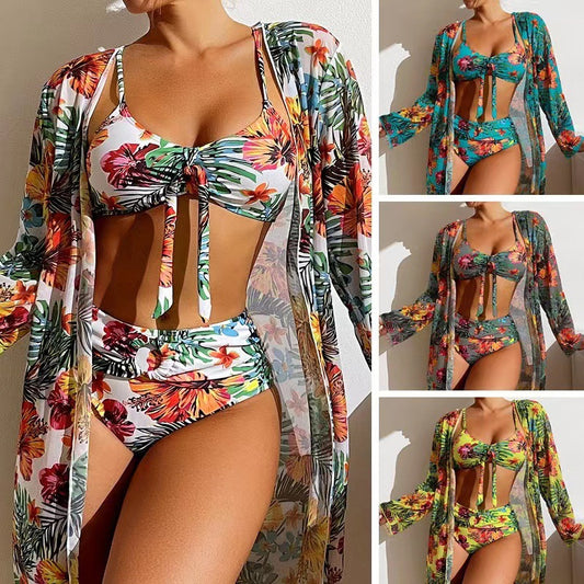 Swimwear long-sleeved cover-up split three-piece set printed sexy swimsuit women's bikini new bikini