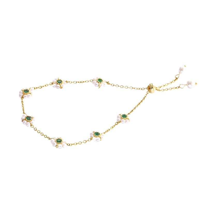 Dainty Pearl Daisy Bracelet | Adjustable Gold Chain with Green Gem Centre