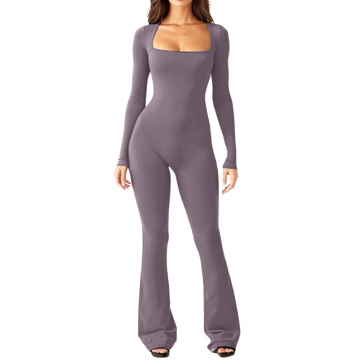 Navy Square Neck Long Sleeve Jumpsuit with Flared Legs