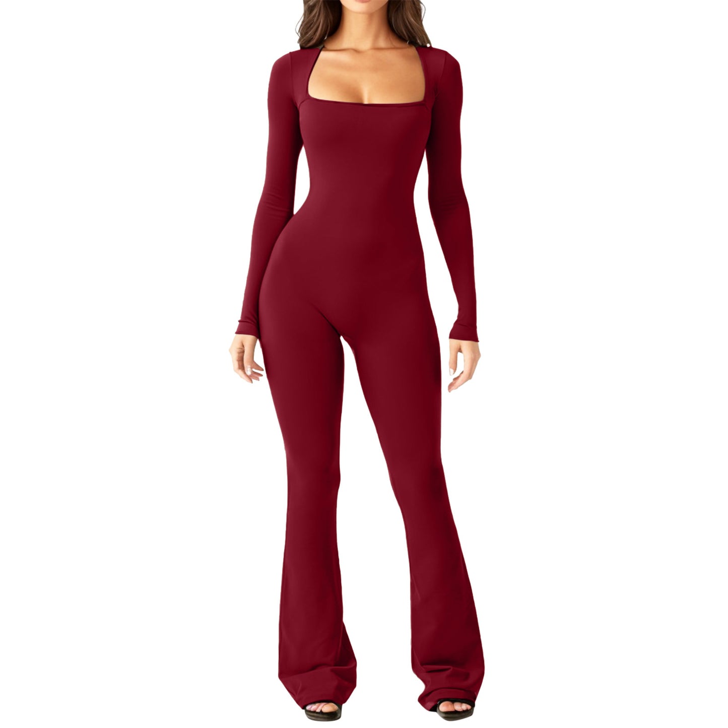 Navy Square Neck Long Sleeve Jumpsuit with Flared Legs