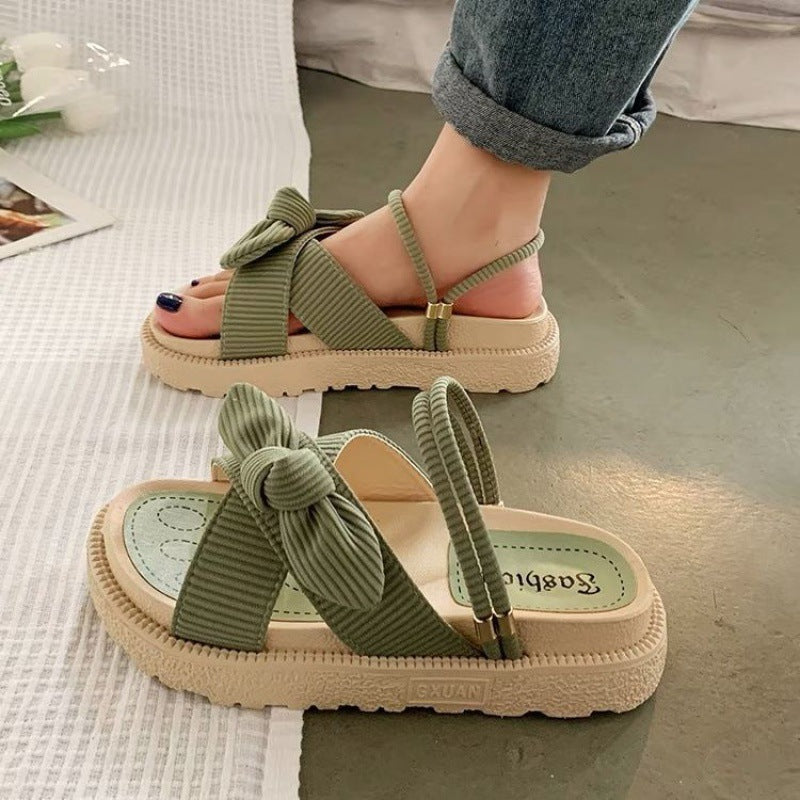 🌸 Title: Comfy-Chic Bowknot Slip-On Sandals – Black & Beige Elegance 🌸