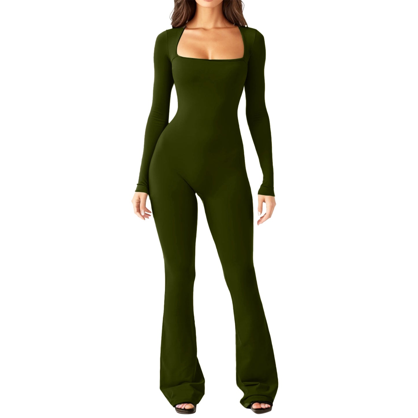 Navy Square Neck Long Sleeve Jumpsuit with Flared Legs