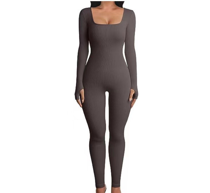 Ribbed Long Sleeve Square Neck Jumpsuit - Available in Multiple Colors