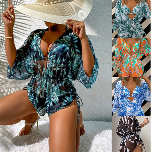 Split multi-colour printed bikini three-piece sex swimsuit