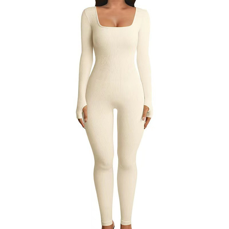 Ribbed Long Sleeve Square Neck Jumpsuit - Available in Multiple Colors