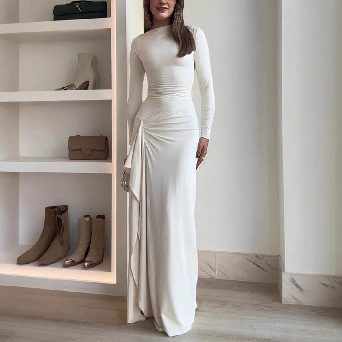 ✨ Elegant Long Sleeve Ruched Maxi Dress – Available in Various Colours