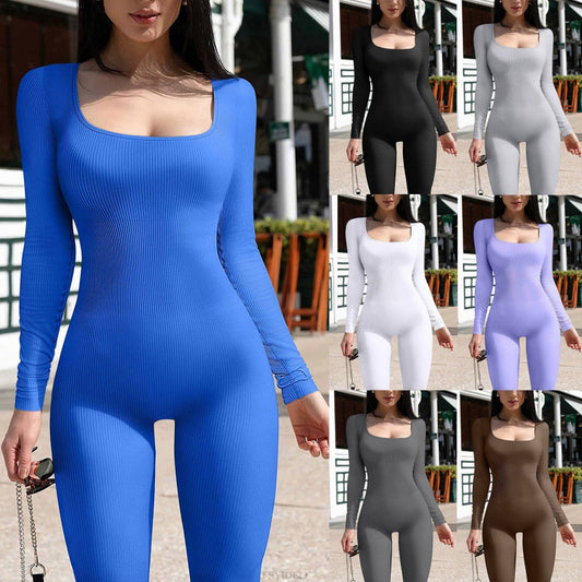 Ribbed Long Sleeve Square Neck Jumpsuit - Available in Multiple Colors