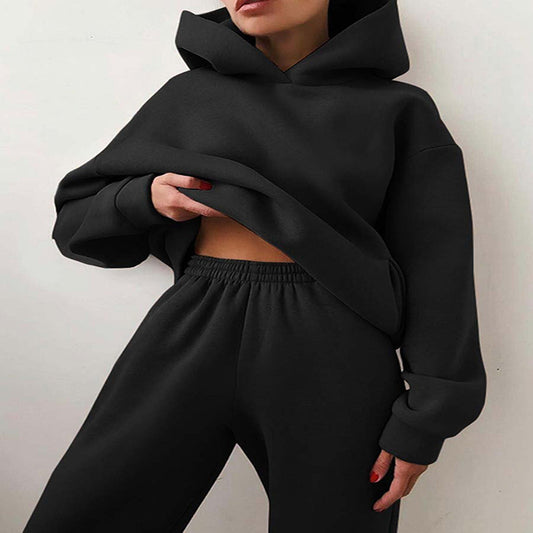 2022 cross-border spring and autumn fashion casual hooded sweater two-piece set long-sleeved solid color fleece shrink-fit casual suit