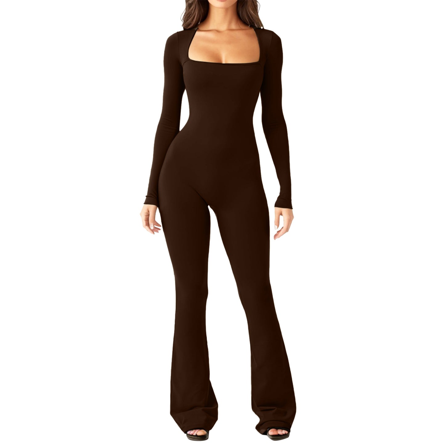 Navy Square Neck Long Sleeve Jumpsuit with Flared Legs