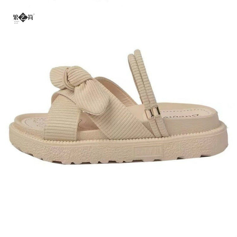 🌸 Title: Comfy-Chic Bowknot Slip-On Sandals – Black & Beige Elegance 🌸