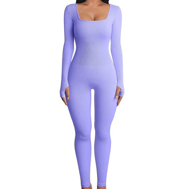 Ribbed Long Sleeve Square Neck Jumpsuit - Available in Multiple Colors