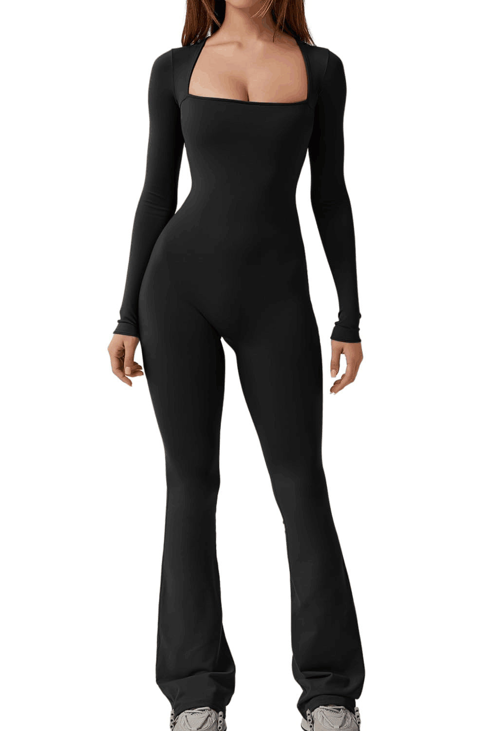 Navy Square Neck Long Sleeve Jumpsuit with Flared Legs