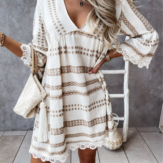 🌿 Boho Bliss Embroidered Mini Dress with Lace Trim – Effortless Elegance for Beach & Beyond ✨🏖️