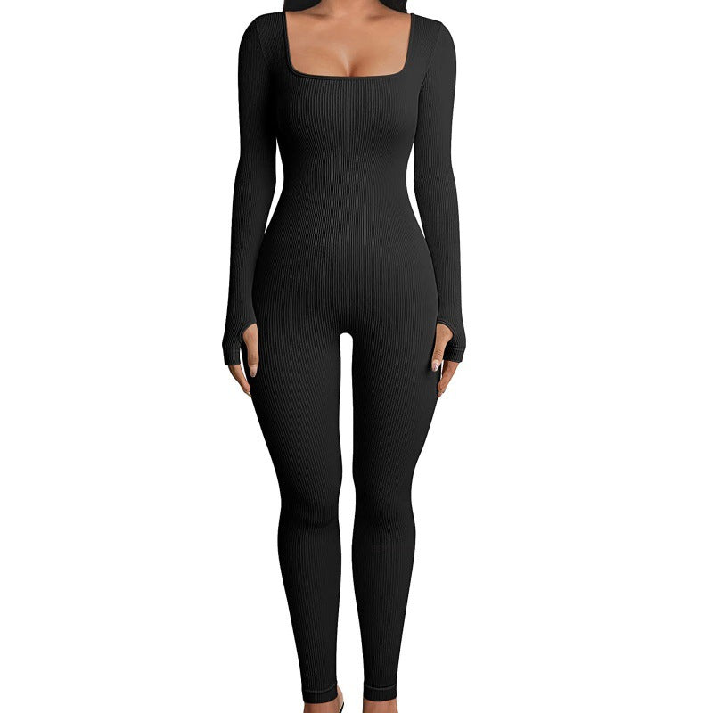 Ribbed Long Sleeve Square Neck Jumpsuit - Available in Multiple Colors