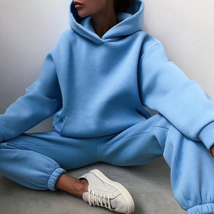 2022 cross-border spring and autumn fashion casual hooded sweater two-piece set long-sleeved solid color fleece shrink-fit casual suit