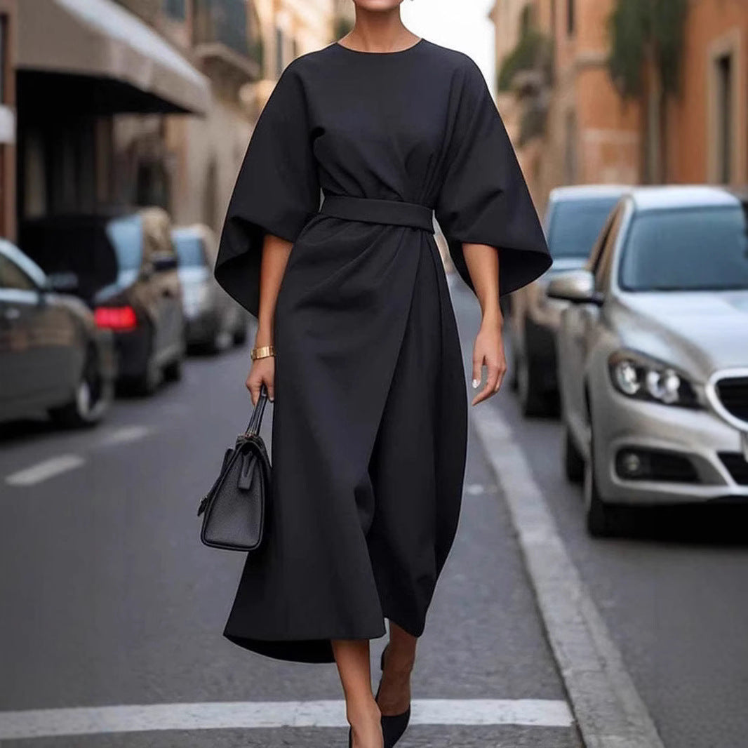 Elegant Kimono Sleeve Belted Midi Dress – Sophisticated Style – Various Colours
