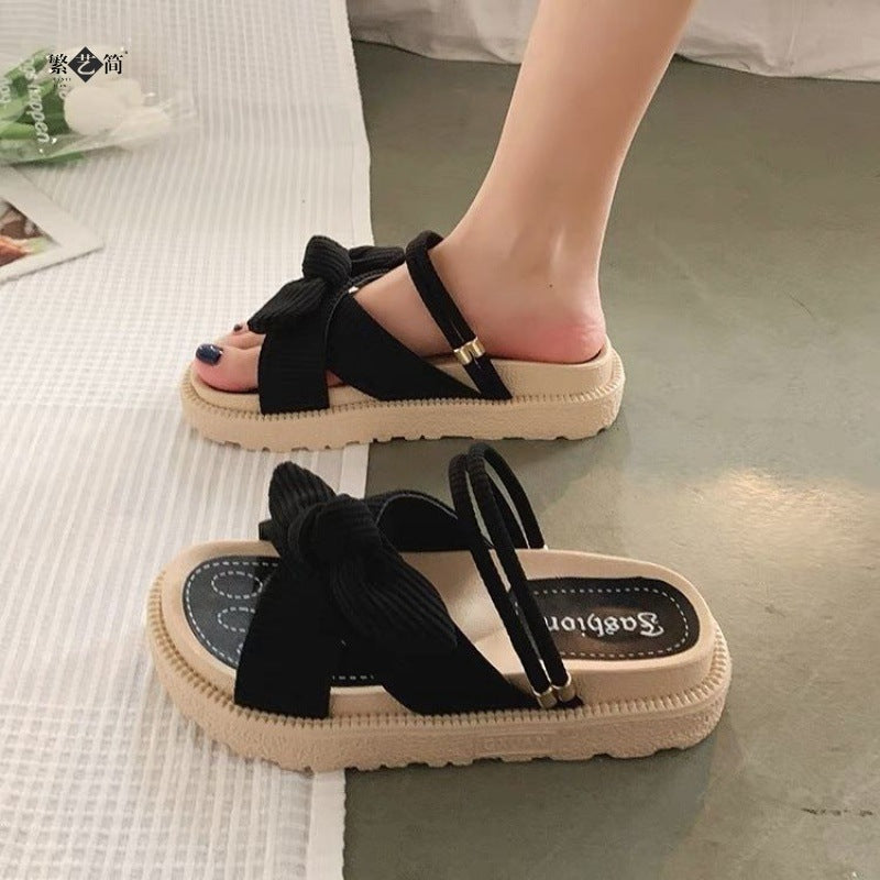 🌸 Title: Comfy-Chic Bowknot Slip-On Sandals – Black & Beige Elegance 🌸