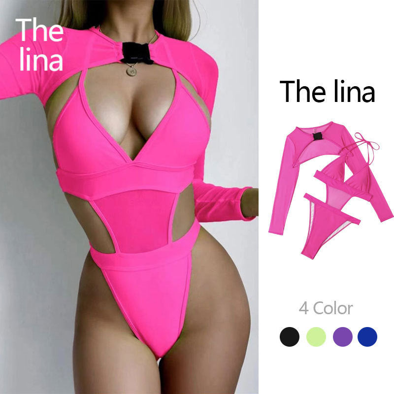Solid colour sexy one-piece swimsuit women's long-sleeved blouse bikini swimwear