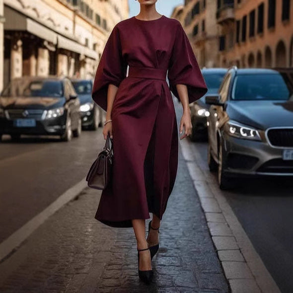 Elegant Kimono Sleeve Belted Midi Dress – Sophisticated Style – Various Colours