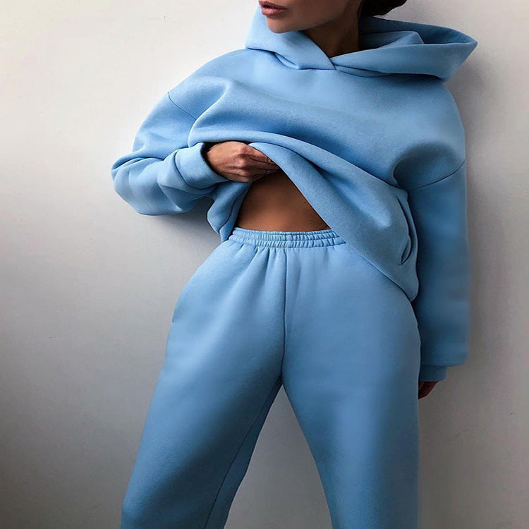 2022 cross-border spring and autumn fashion casual hooded sweater two-piece set long-sleeved solid color fleece shrink-fit casual suit