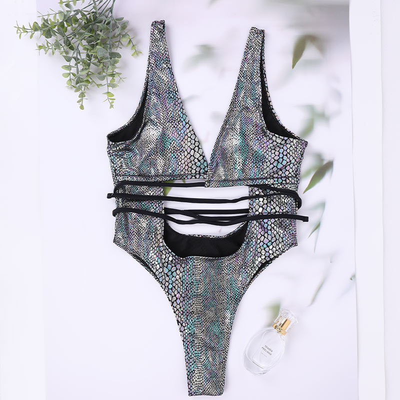 New one-piece swimsuit feminine halter back sleeveless PU leather lace-up swimwear