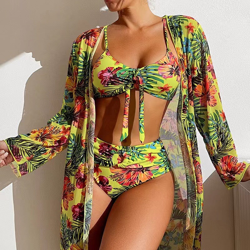 Swimwear long-sleeved cover-up split three-piece set printed sexy swimsuit women's bikini new bikini