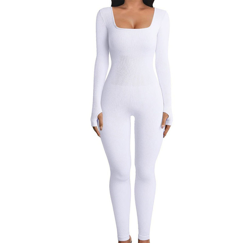 Ribbed Long Sleeve Square Neck Jumpsuit - Available in Multiple Colors