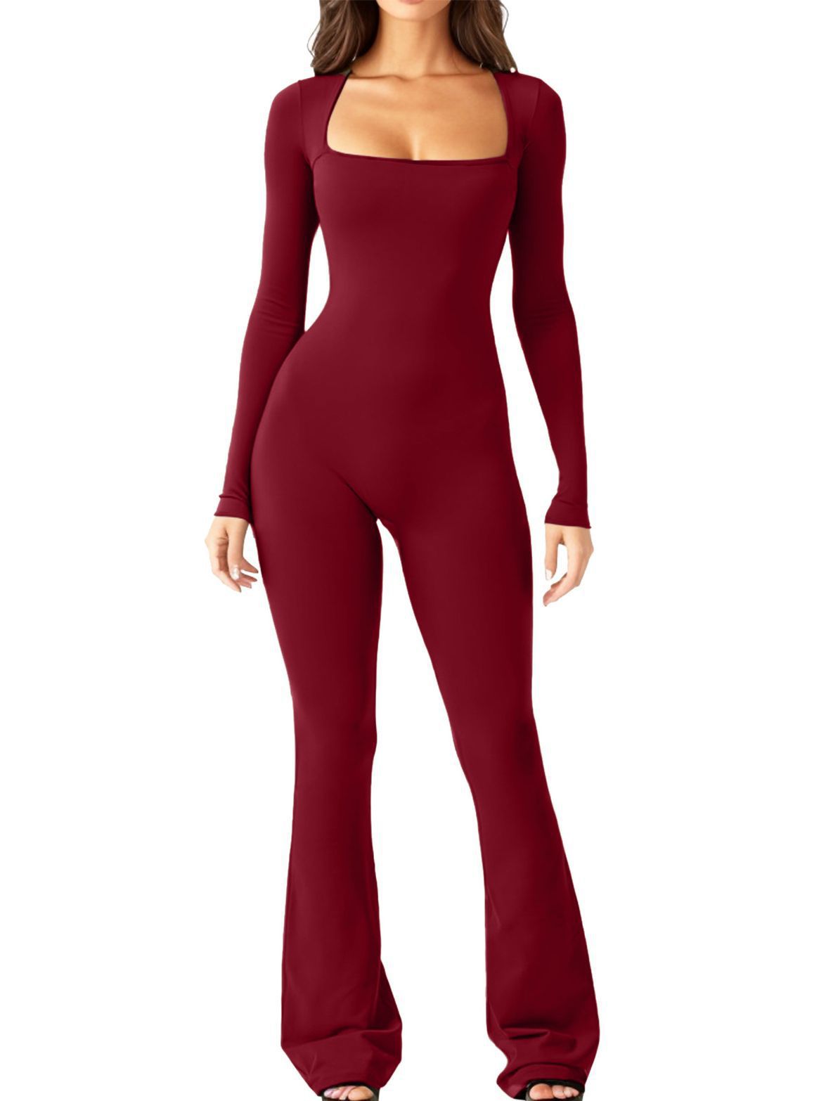 Navy Square Neck Long Sleeve Jumpsuit with Flared Legs