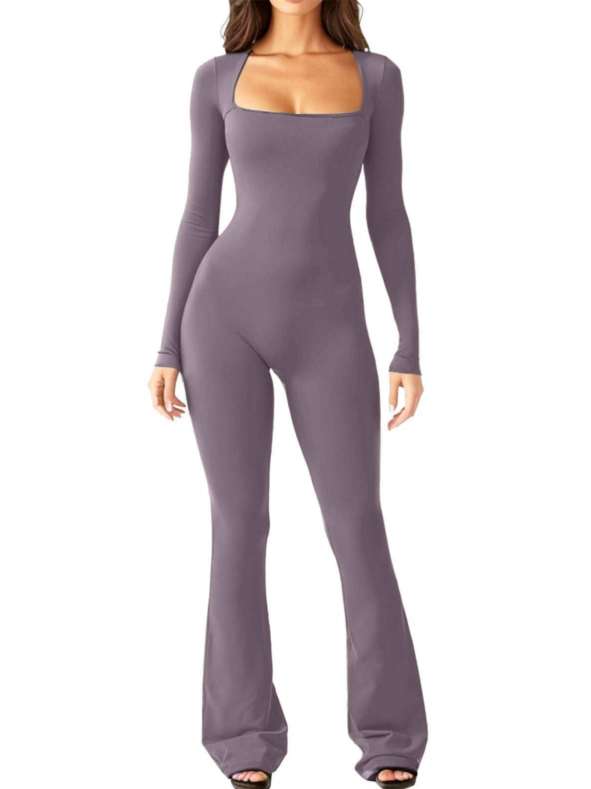 Navy Square Neck Long Sleeve Jumpsuit with Flared Legs