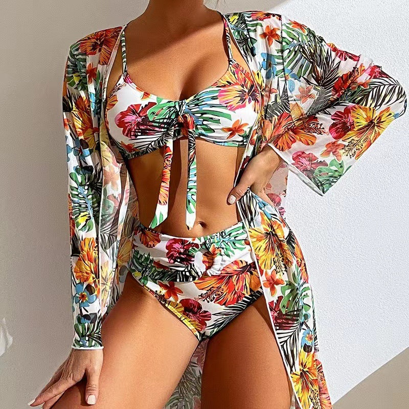 Swimwear long-sleeved cover-up split three-piece set printed sexy swimsuit women's bikini new bikini