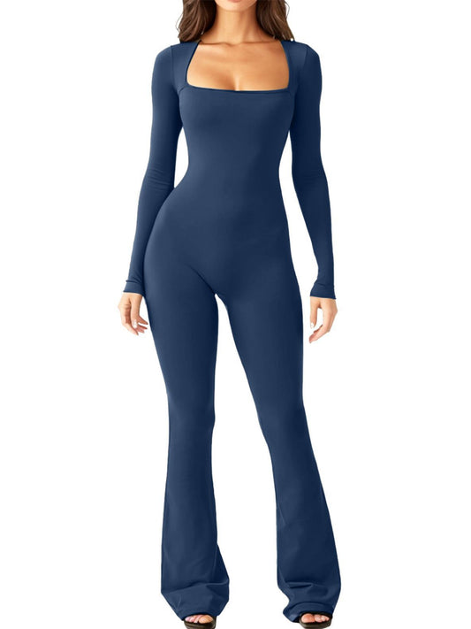 Navy Square Neck Long Sleeve Jumpsuit with Flared Legs