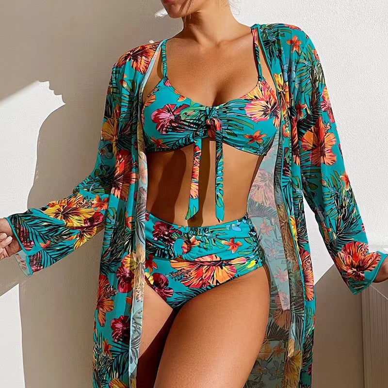 Swimwear long-sleeved cover-up split three-piece set printed sexy swimsuit women's bikini new bikini