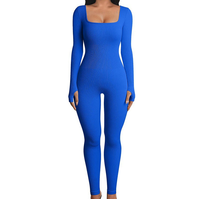 Ribbed Long Sleeve Square Neck Jumpsuit - Available in Multiple Colors