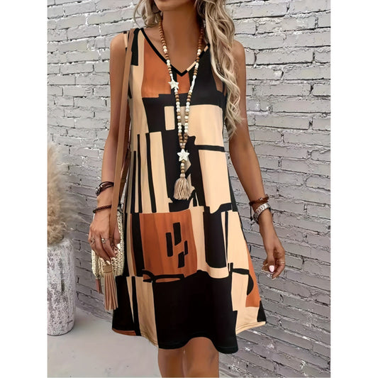 🖼️ Abstract Escape Sleeveless Swing Dress – Artistic Comfort in a Bold Geometric Print 🎨🌞