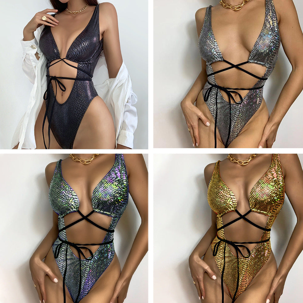 New one-piece swimsuit feminine halter back sleeveless PU leather lace-up swimwear