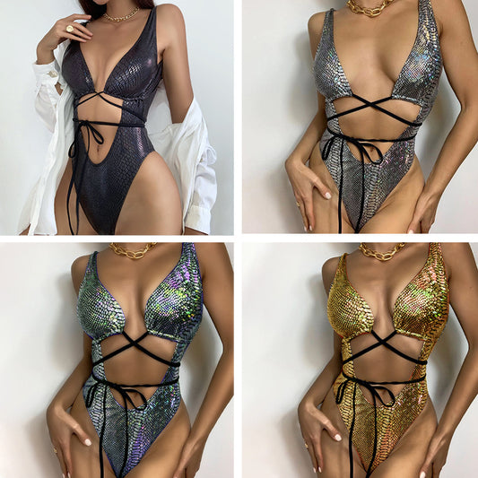 New one-piece swimsuit feminine halter back sleeveless PU leather lace-up swimwear