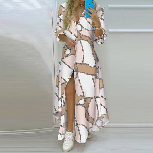 2022 spring Amazon foreign trade wish women's clothing temperament print single-breasted slit shirt dress long skirt