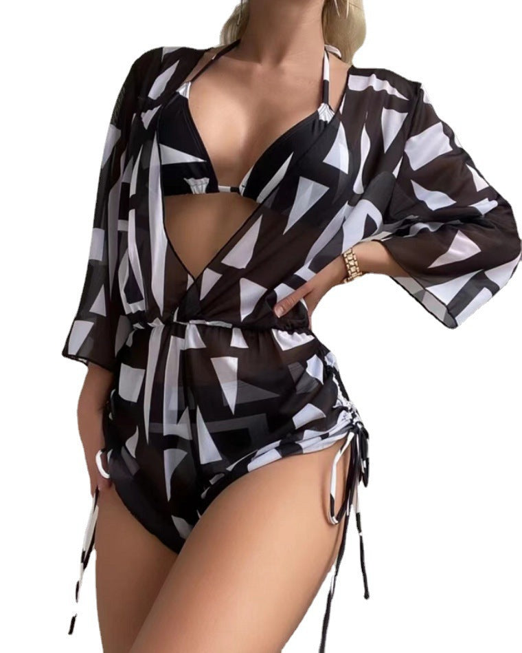 Split multi-colour printed bikini three-piece set swimsuit