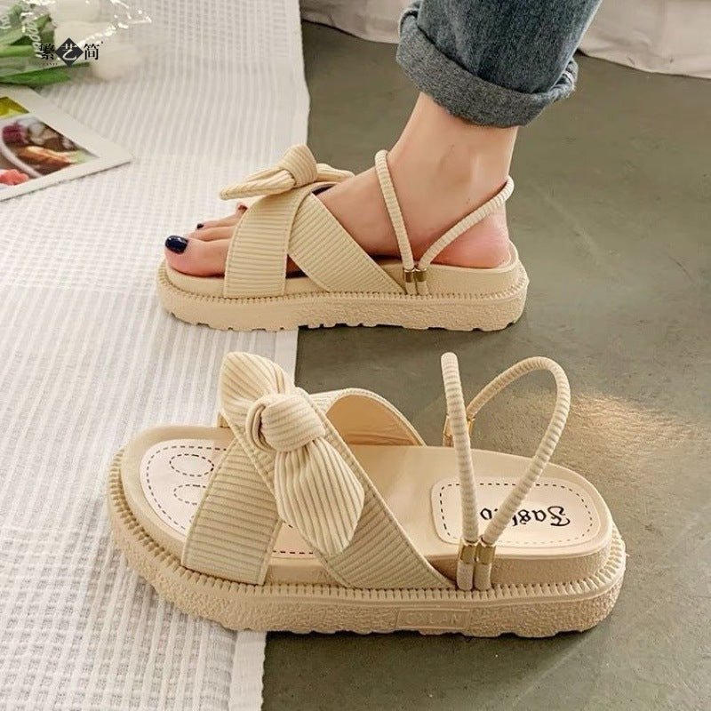 🌸 Title: Comfy-Chic Bowknot Slip-On Sandals – Black & Beige Elegance 🌸