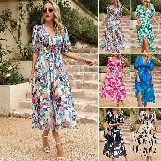 🌸 Title: “Bold & Blooming: The Puff Sleeve Floral Midi Dress – Now in 7 Stunning Colours!” 🌺👗