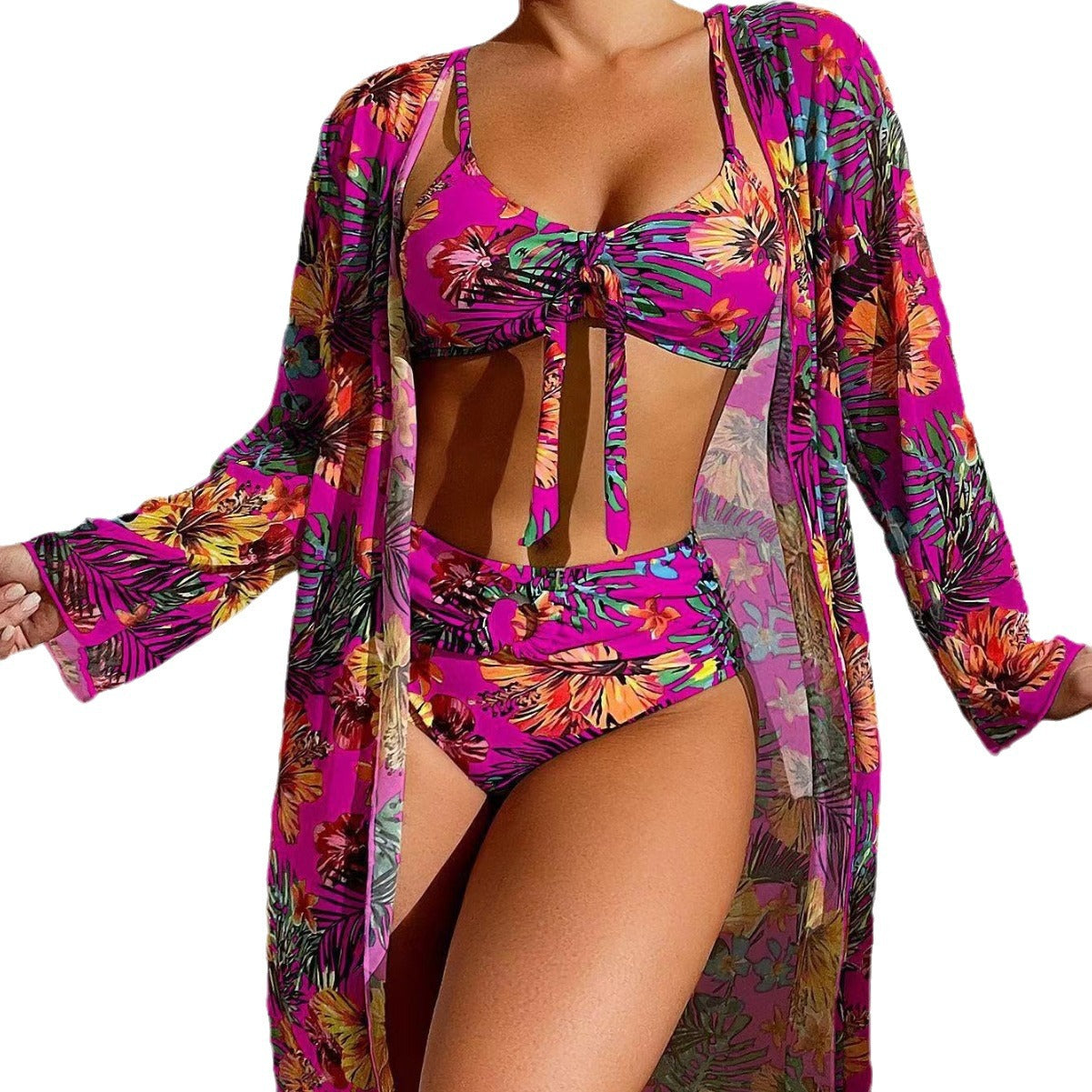 Swimwear long-sleeved cover-up split three-piece set printed sexy swimsuit women's bikini new bikini