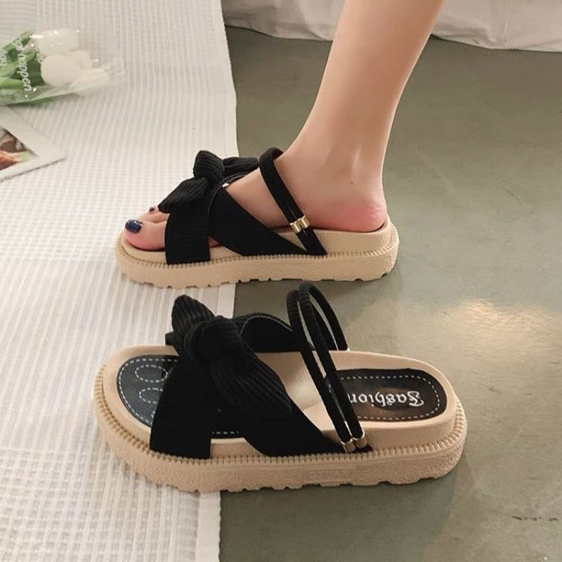 🌸 Title: Comfy-Chic Bowknot Slip-On Sandals – Black & Beige Elegance 🌸