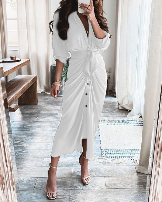 🤍 Title: “Effortlessly Luxe: The Tie-Front Button Midi Dress That Does It All” 👠✨
