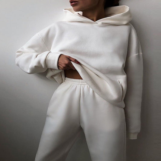 2022 cross-border spring and autumn fashion casual hooded sweater two-piece set long-sleeved solid color fleece shrink-fit casual suit