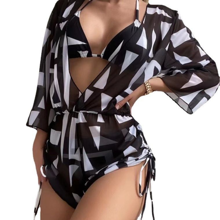 Split multi-colour printed bikini three-piece set swimsuit