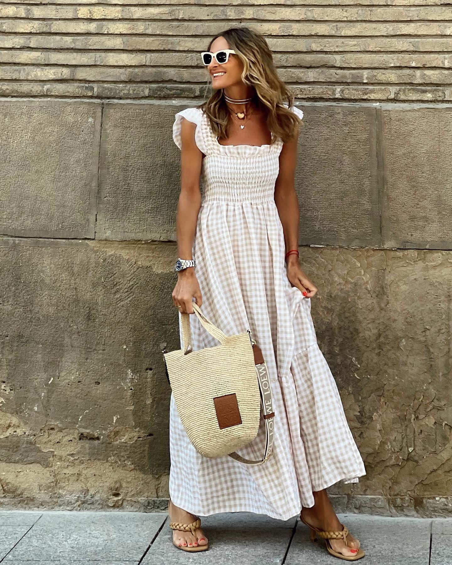 Gingham Shirred Maxi Dress with Ruffle Sleeves – Lightweight Summer Style in Various Colours
