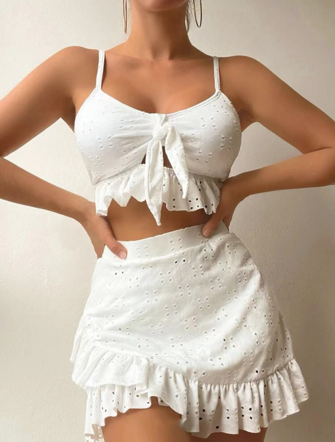 Women’s 3-Piece Summer Co-ord Set – Tie Front Crop Top, Ruffle Skirt & Cover-Up | Various Colours