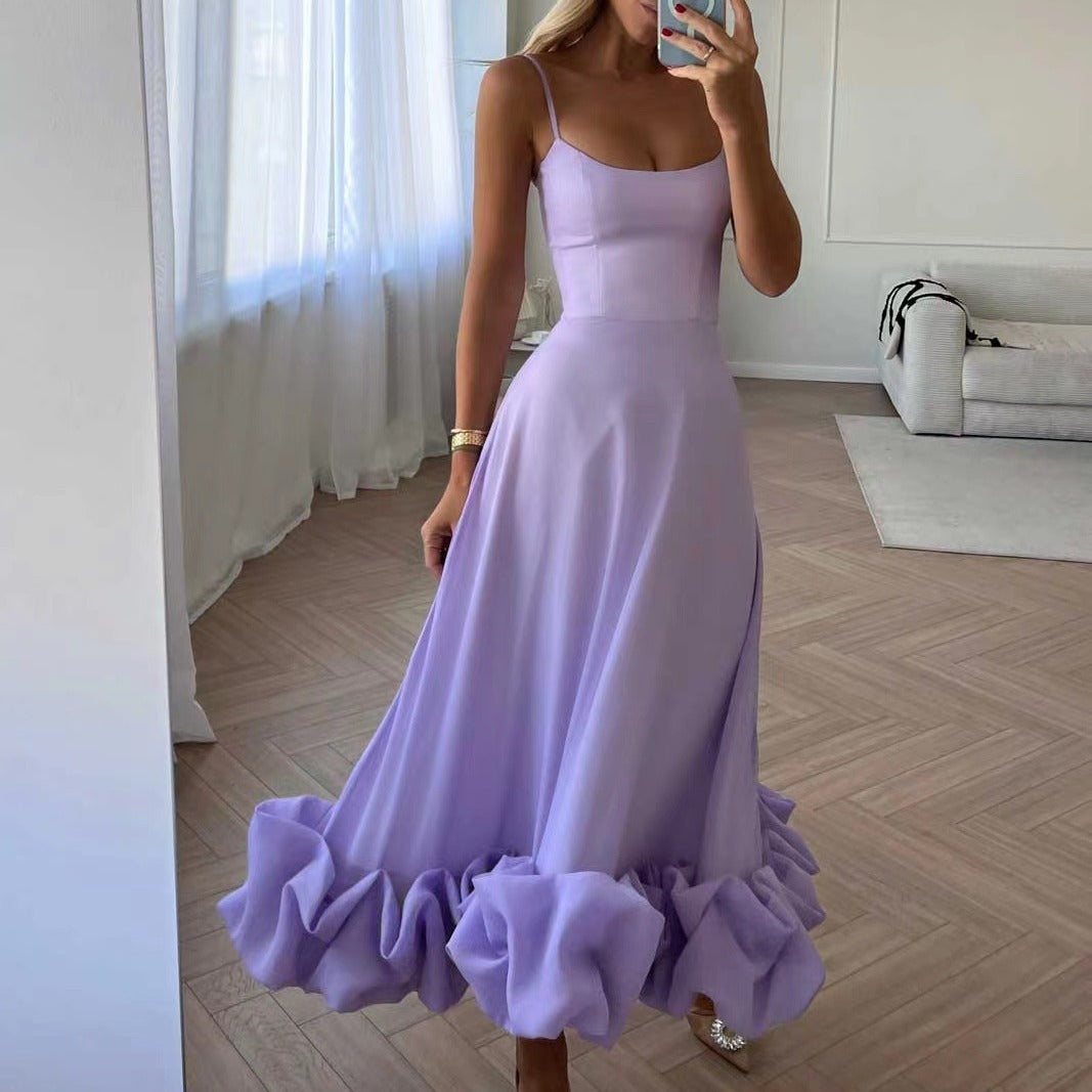 Elegant Ruffle Hem Midi Dress with Spaghetti Straps – Various Colours